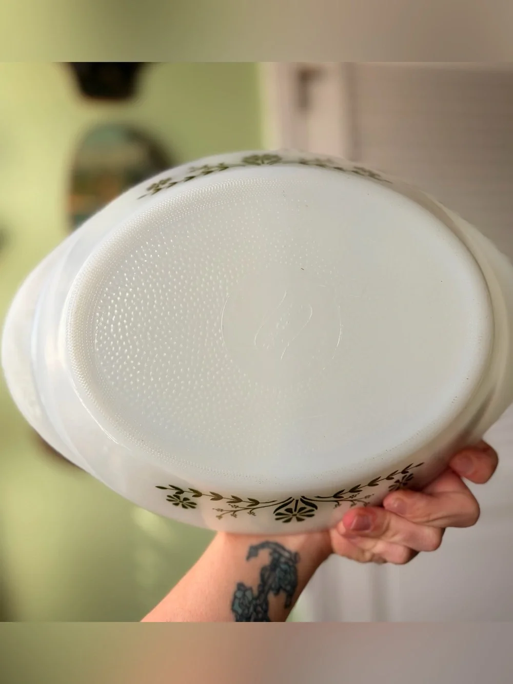Milk Glass Green Floral Pattern Bakeware Divided Dish by Glasbake